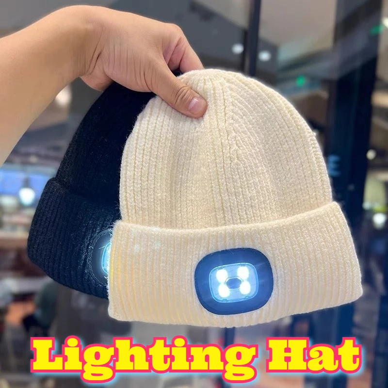 LED Light Up Knitted Hat Ear Protection Unisex Autumn Winter Cycling Night Road Outdoor Safety Warm Cap Illumination Visibility