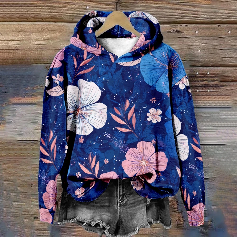 المرأة الأزهار هوديي محب بلوفر شتوي Harajuku فضفاضة تناسب البلوز غير رسمي دافئ الصوف مبطن سترة ملابس الشارع الشهير غير رسمية