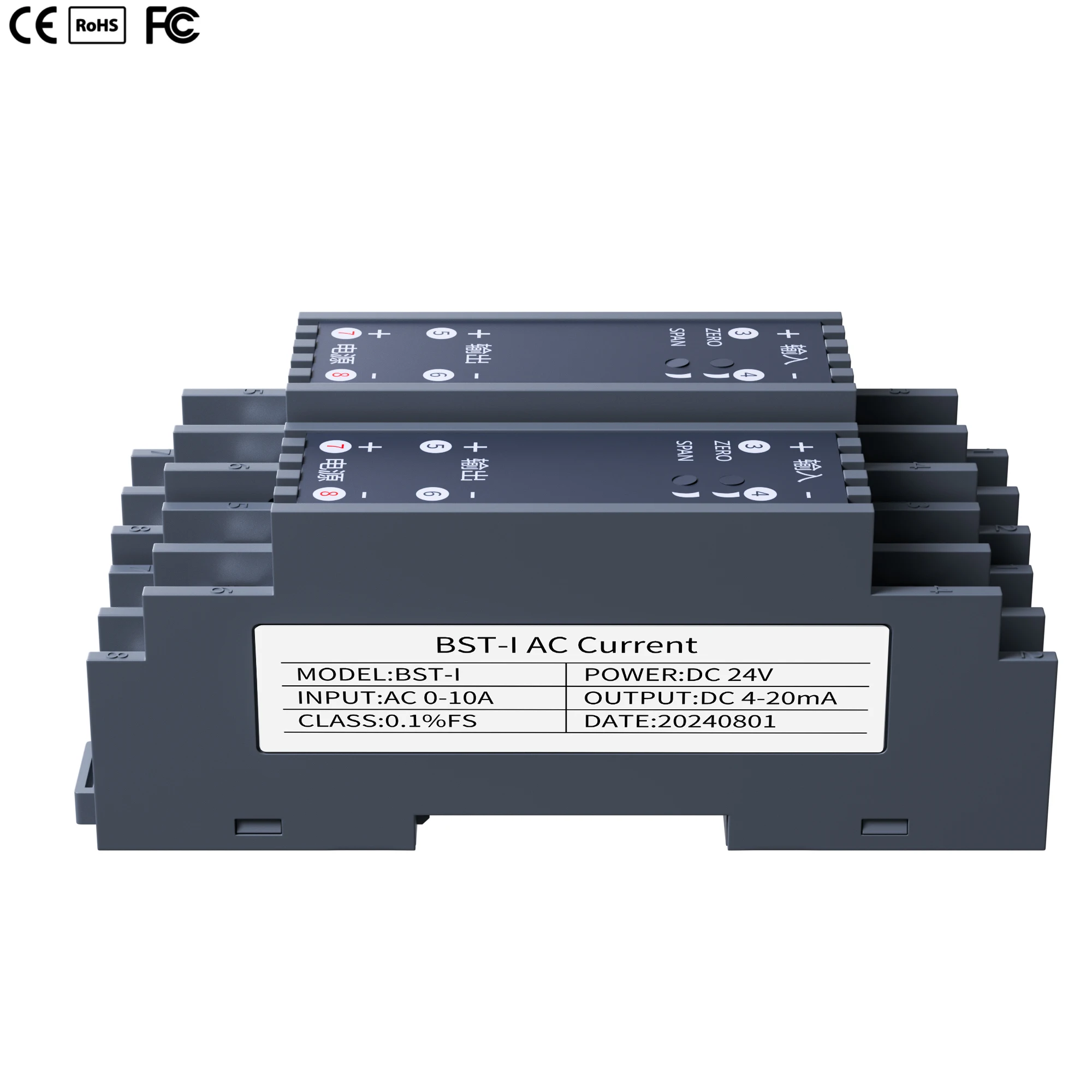 

High Precision AC 1A/2A/3A/5A/10A/15A/20A Input 4-20mA 0-20mA 0-10V 0-5V Current Sensor DC24V 35mm DIN AC Current Transmitter