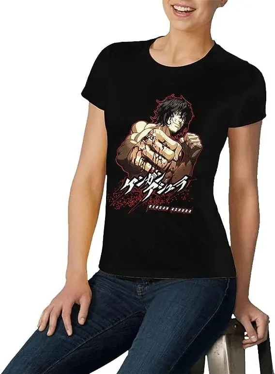 Kengan Anime Ashura Shirt Women's Fashion Short Sleeve Cotton T Shirts Quick Dry Pattern Custom Tee Tops Black