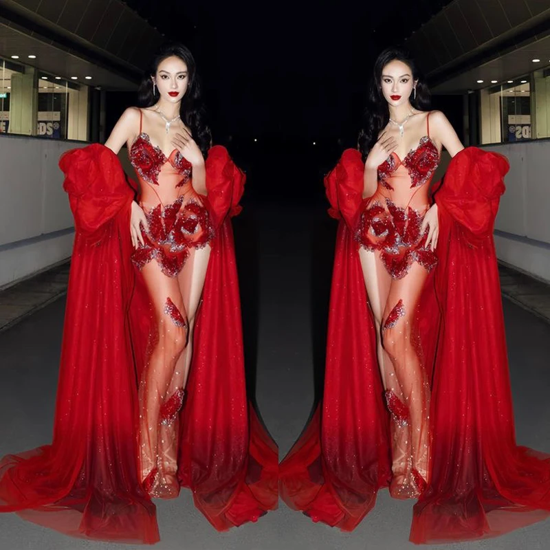 Women\'S Party Festival Outfit Red Perspective Mesh Tail Evening Dress Sexy Gogo Dancer Costumes Stage Catwalk Wear XS8330