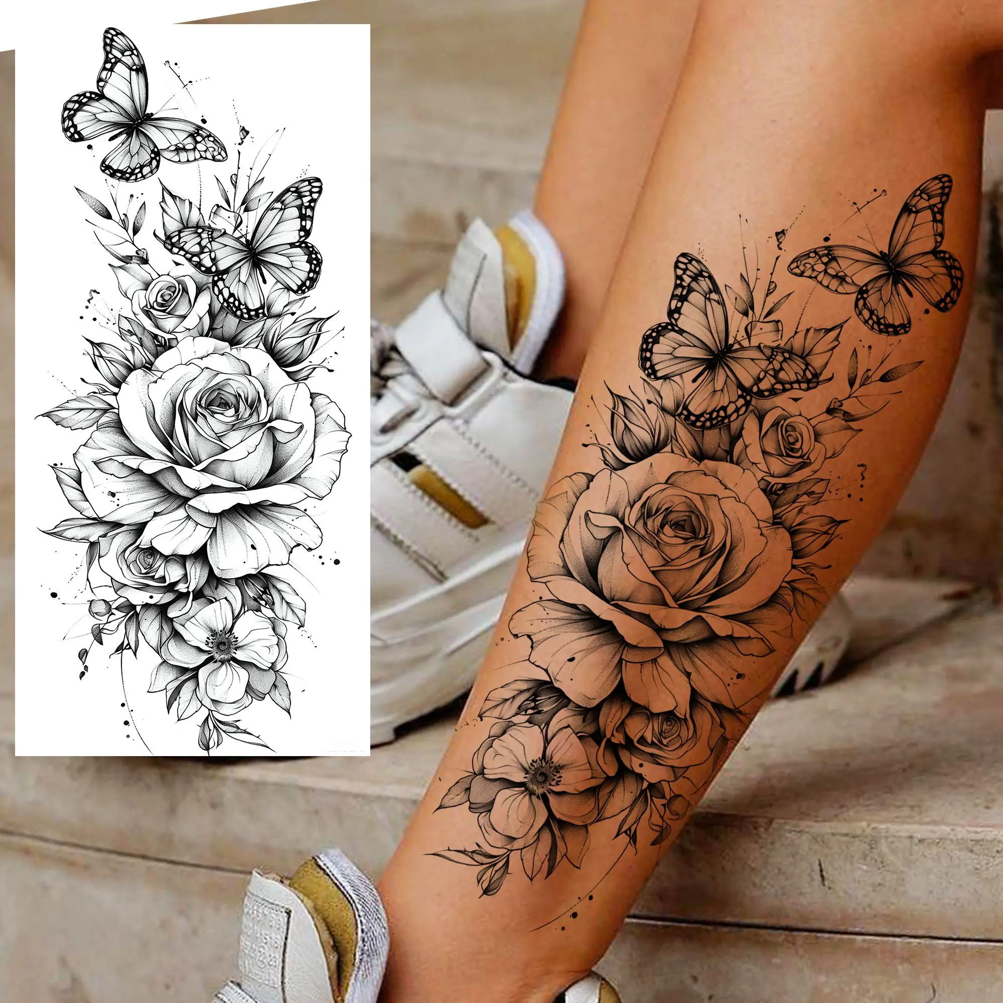 Afbeelding 3: 1 vel schildpad olifant bloemen tijdelijke tatoeages voor vrouwen meisjes schets pioenroos bloemen tatoeages waterdichte nep tattoo sticker