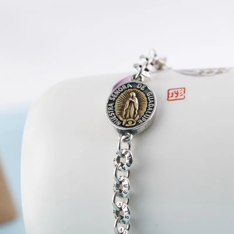 S925 Sterling Silver Cross Circle Bracelet, Vintage Oxidized Craft, Punk Style, Unisex Chain Bracelet, Trendy Daily Jewelry