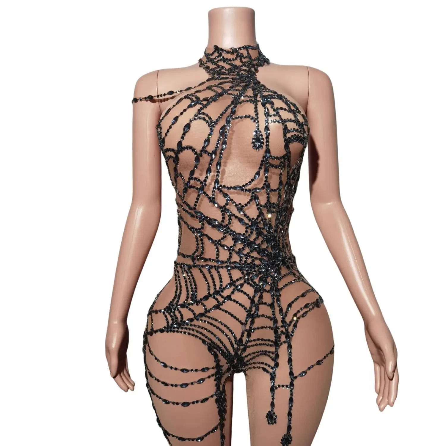 See Through Jumpsuit for Women Spider Web Diamond Sleeveless Fitnes Activity Workout Overalls Slim Stretch Club Dance Stage Wear