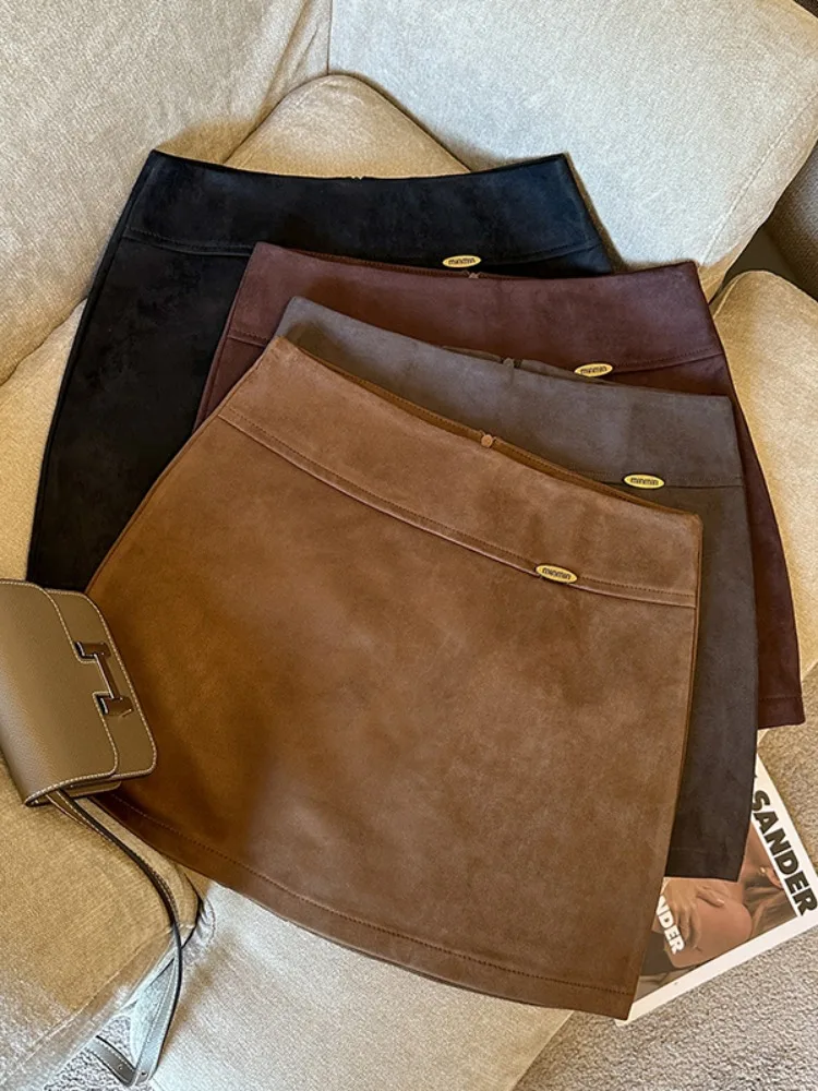 

Бархатная юбка в стиле ретро с высокой талией из кожи оленя, женская осенне-зимняя новинка, антиэкспозиционная юбка с запахом вокруг рта