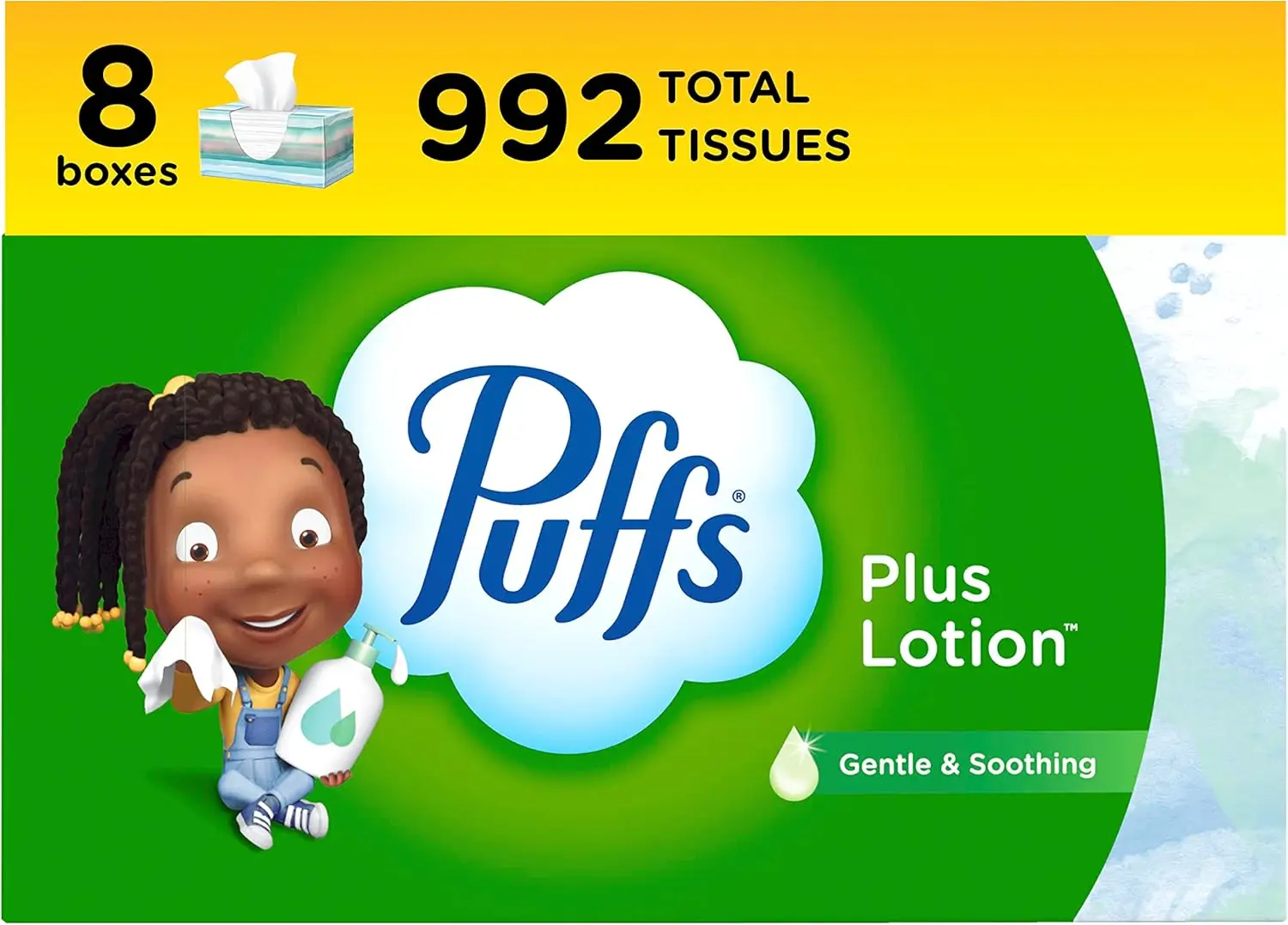 

Салфетки для лица Puffs Plus Lotion, 8 семейных упаковок, 124 салфетки в каждой упаковке, для аллергиков и при простуде