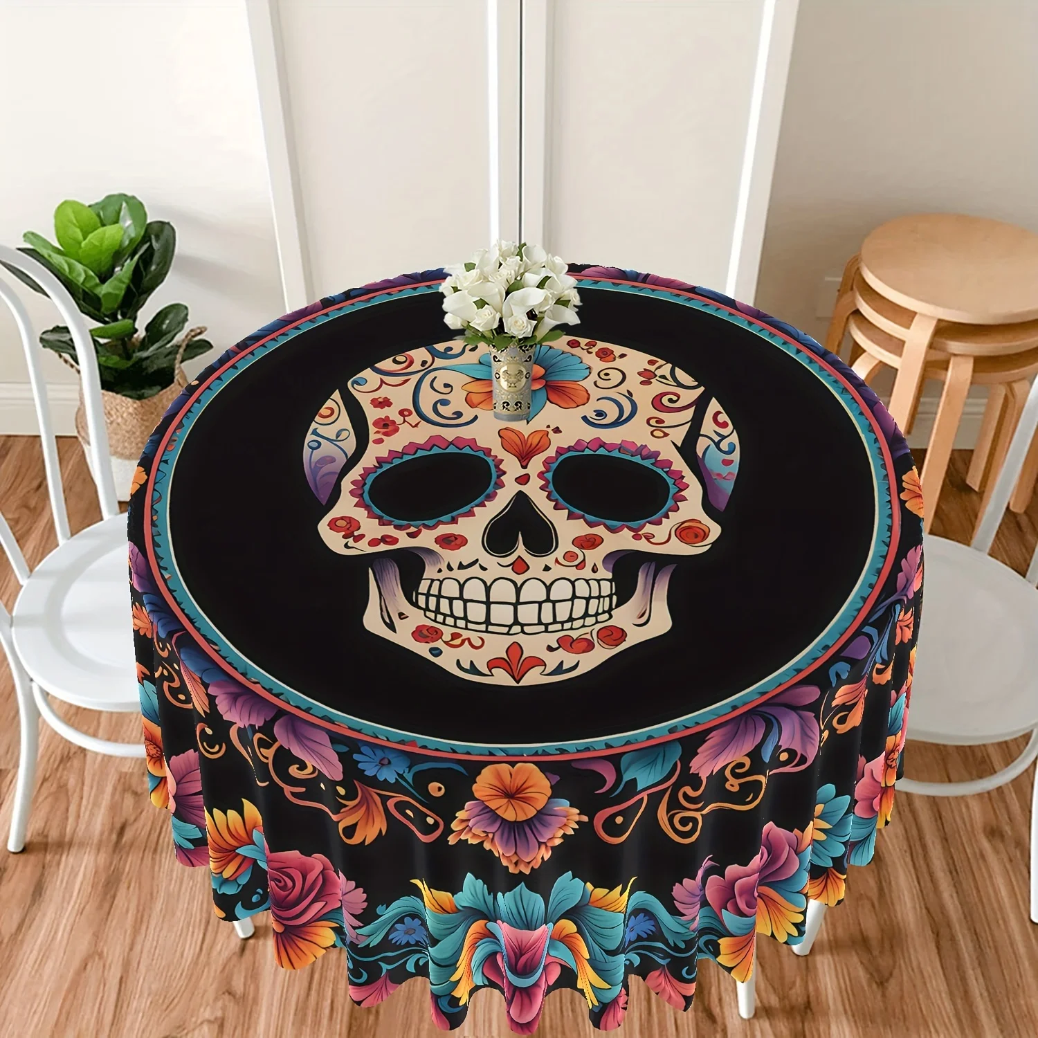 VIKAMA Multicoloured Wreath Skull Round Tablecloth Patio Table Halloween Style Backyard BBQ Picnic Mats Home Decoration