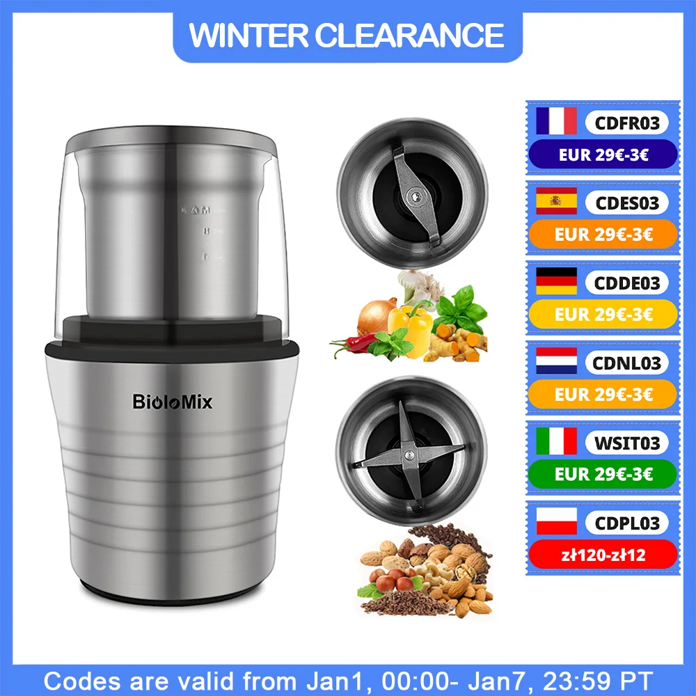 BioloMix 2-in-1 Wet and Dry Double Cups 300W Electric Spices and Coffee Bean Grinder Stainless Steel Body and Miller Blades