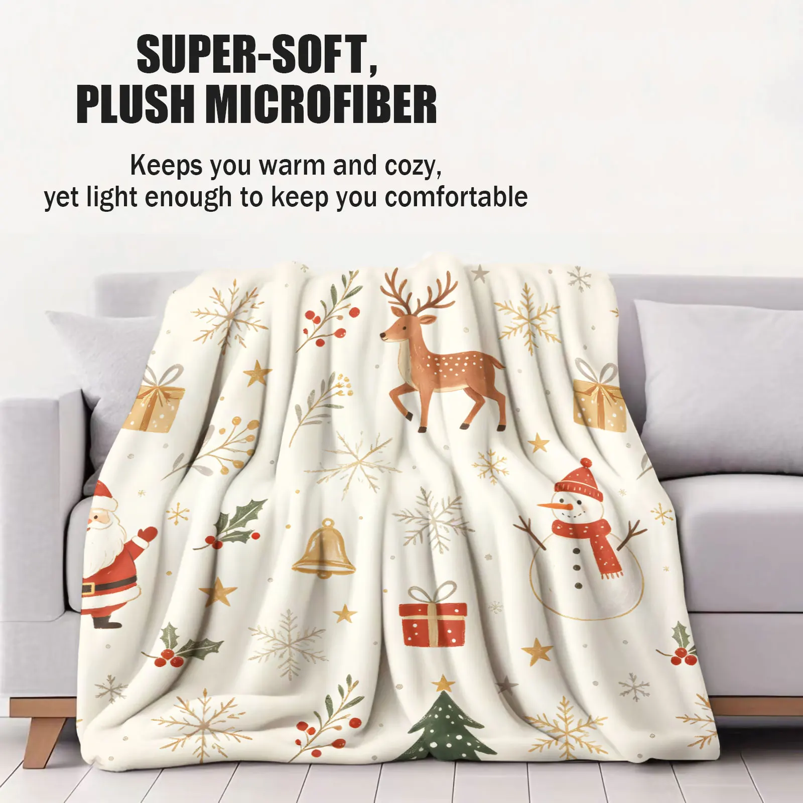 Christmas Flannel Throw Blanket Santa Reindeer Snowman Xmas Tree Gift Box Snowflake Print Sofa Bed Car Travel Blanket Holiday