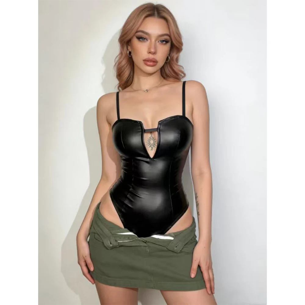 Women's Black Gothic Emo PU Leather Camisole Bodysuit For Women Y2K Sexy Backless Jumpsuit Slim Fit Summer Playsuits Tank Top