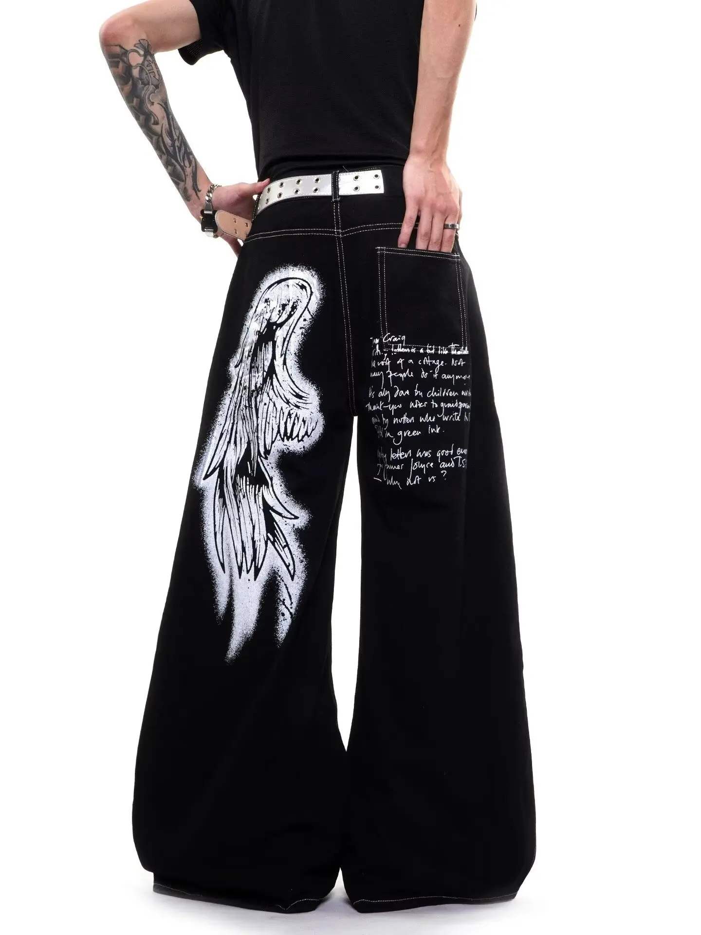 Loose Straight Leg Jeans Men's Streetwear Gothic Angel Wings Print Hip Hop Y2K Denim Large Size Jeans Casual Wear