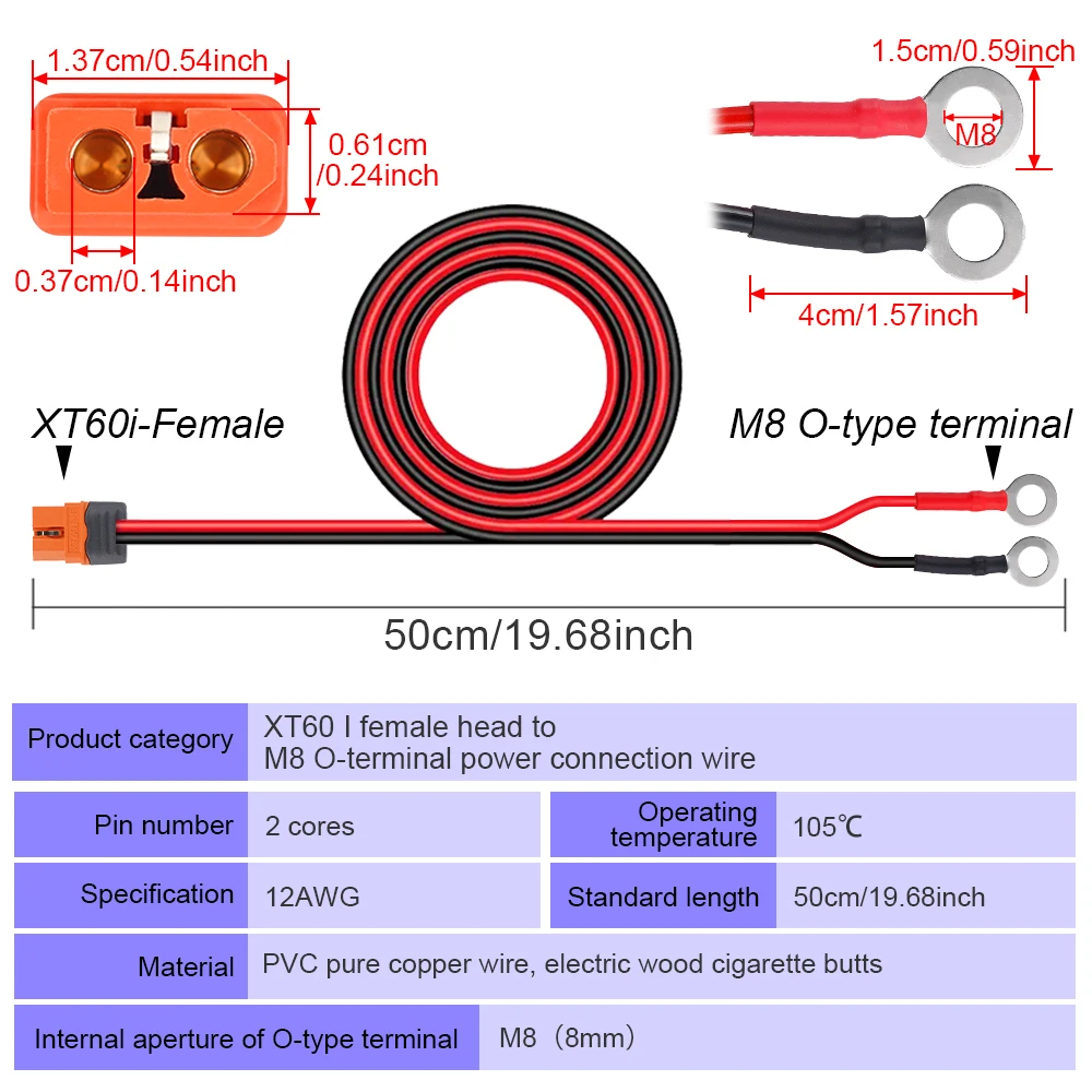 XT60i หญิงปลั๊ก M8 O แหวนตาไก่ Terminal Plug สายเชื่อมต่อ 12AWG 50 ซม.ซิลิโคนคุณภาพสูงสําหรับรถแบตเตอรี่