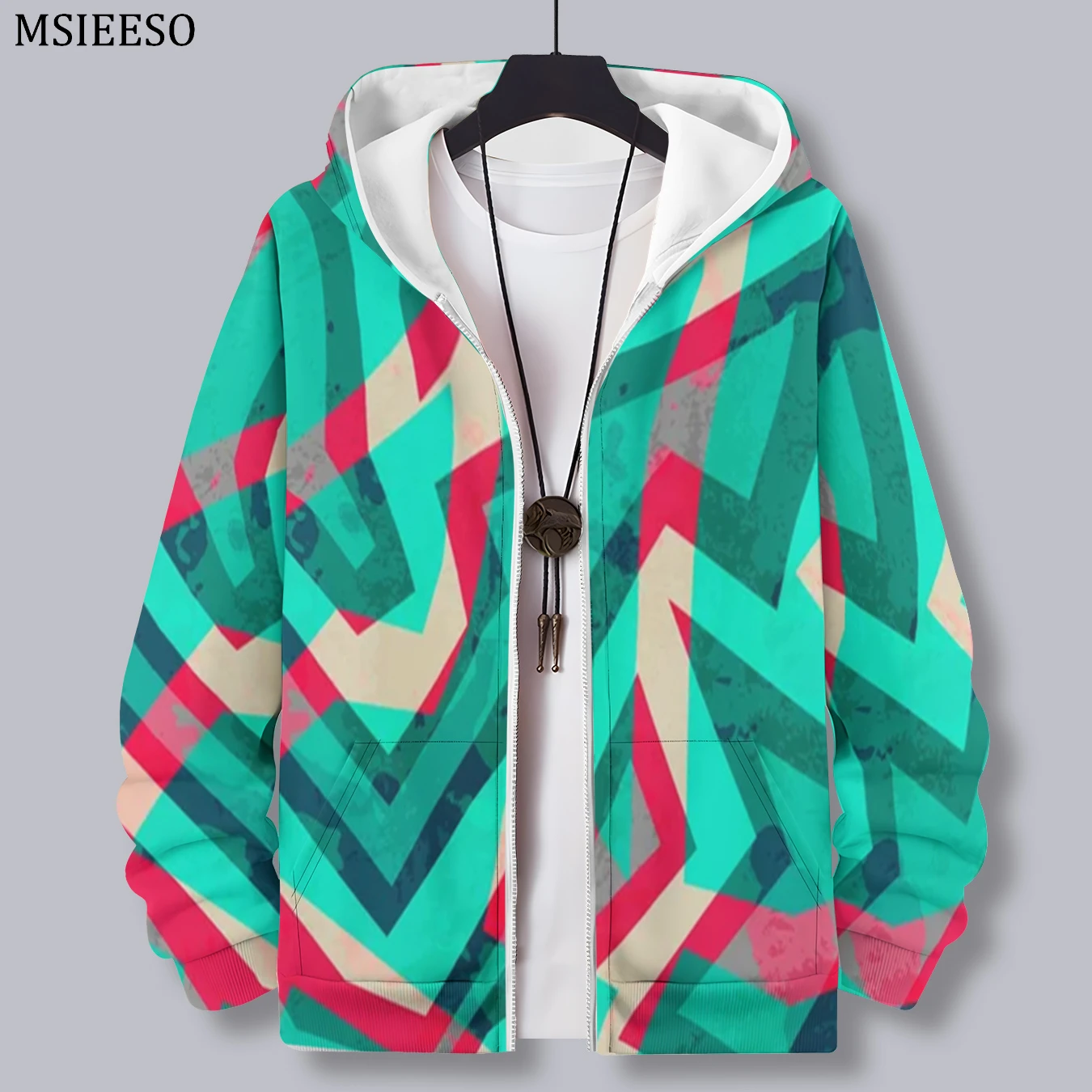 

MSIEESO Men Zipper Hoodie Multicolored Geometry Pattern Printed Hoodie Casual Male Hooded Sweatshirt Women Pullover Zipper Coat