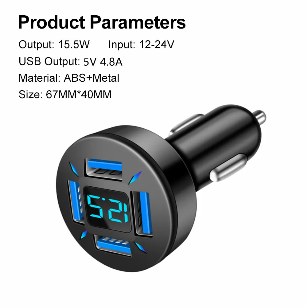 66W 4 Ports USB Car Phone Charger Type C Car Fast Charging Adapter With Digital Display Car Cigarette Lighter For Oneplus Xiaomi