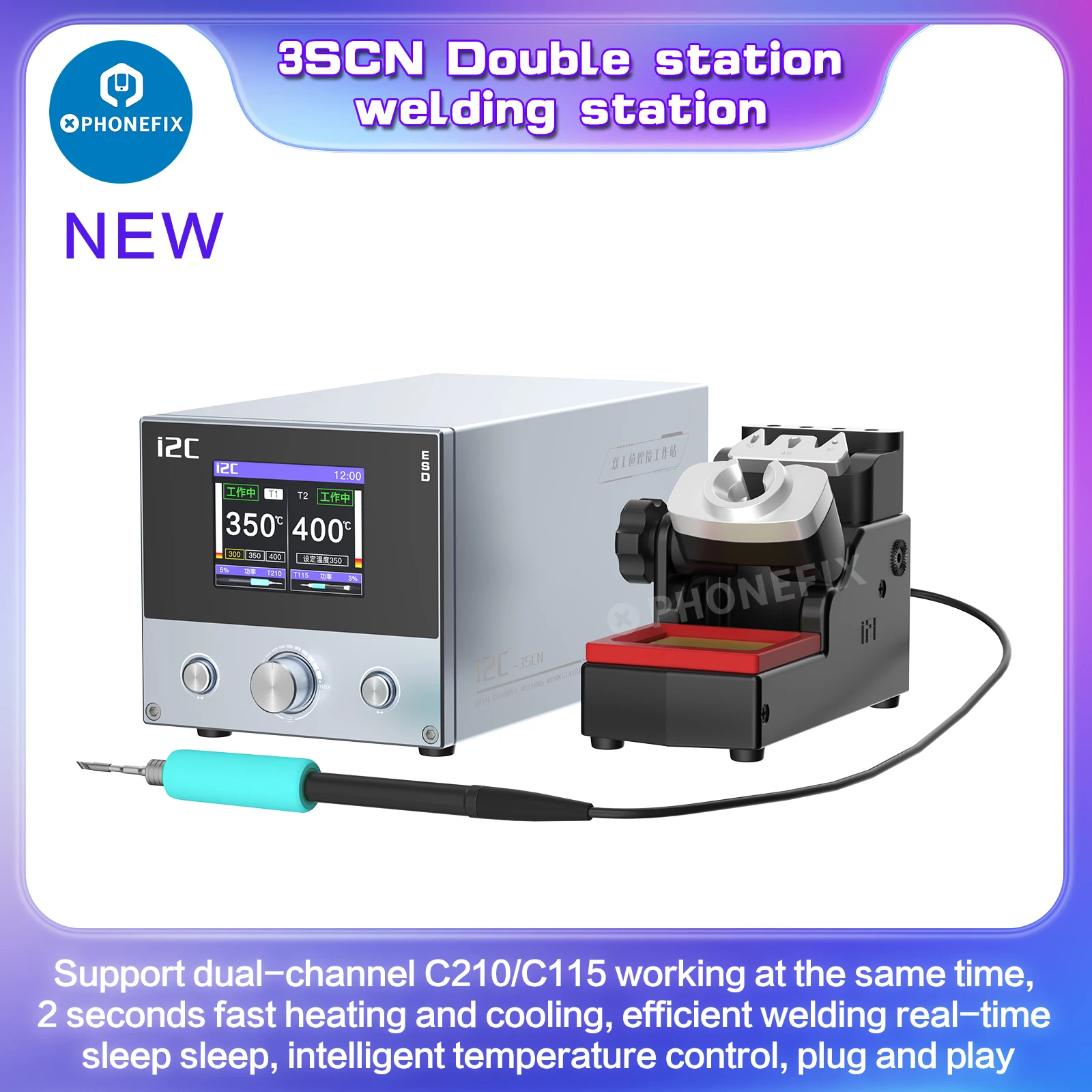 

i2C 3SCN Intelligent Double Handle C210 C115 Welding Station for PCB BGA Soldering 120W Dual Channel Solder Iron Repair Station