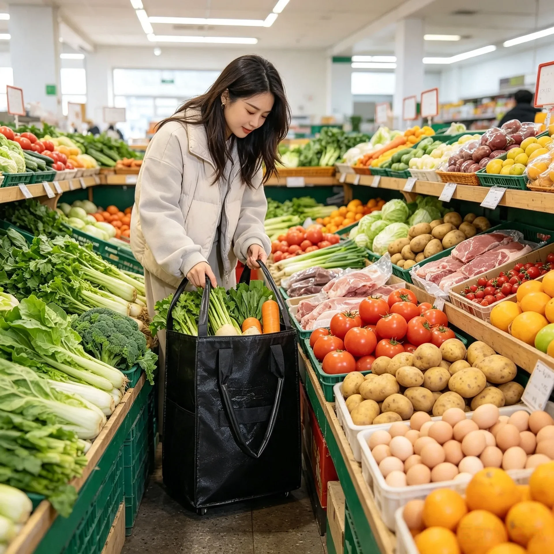 Foldable covered tugboat shopping bag with large capacity for household grocery shopping and wheeled storage bag