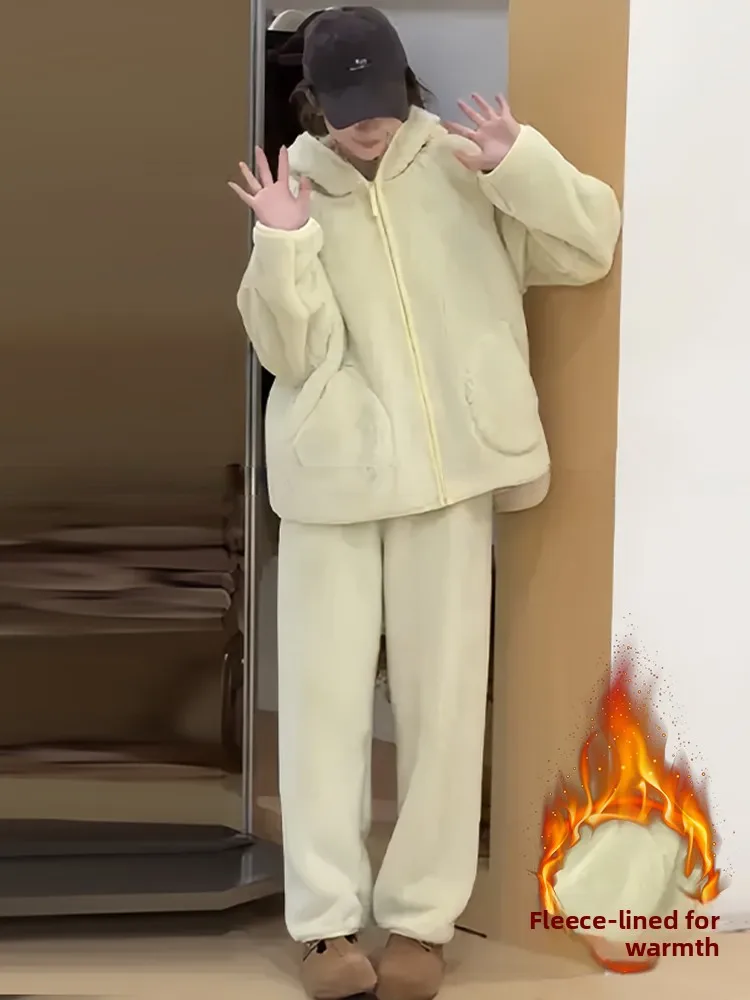 Thiened Fce Jaet de algodón con capucha y pantalones de pierna ancha Conjunto de dos piezas Conjunto de invierno cálido e informal para mujer
