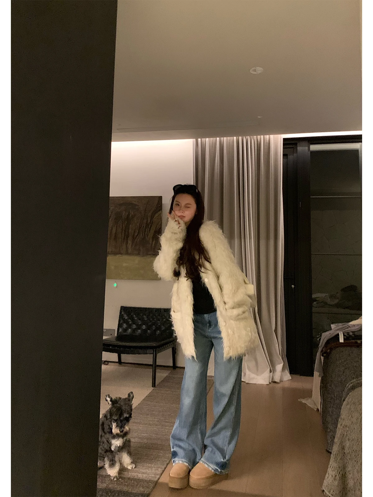 

Waed Blue Jeans Loose Fit High Waist Straight Leg Thiened Velvet Faionable Lazy Chic Women's Winter Cotton Denim