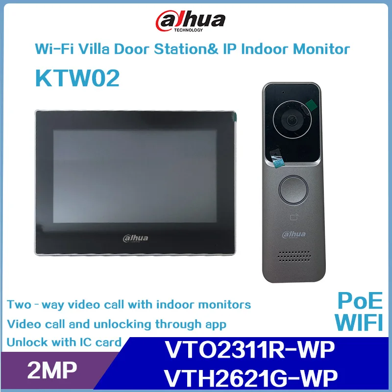 Dahua-ヴィラドアステーション用インターホンキット,IP屋内モニター,ktw02,wi-fi,VTO2311R-WPおよびVTH2621G-WP