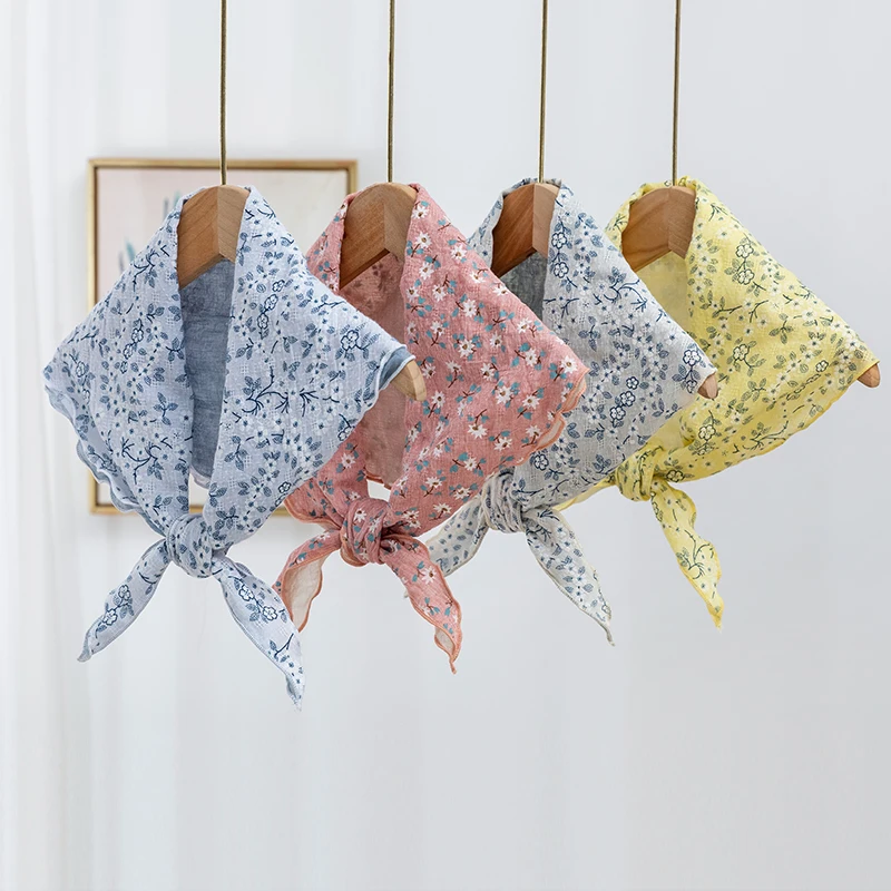 ay Floral Cotton Linen e Syal Wanita Artistik Retro Double Layer Ne Perlindungan Dekorasi Bandana Kecil