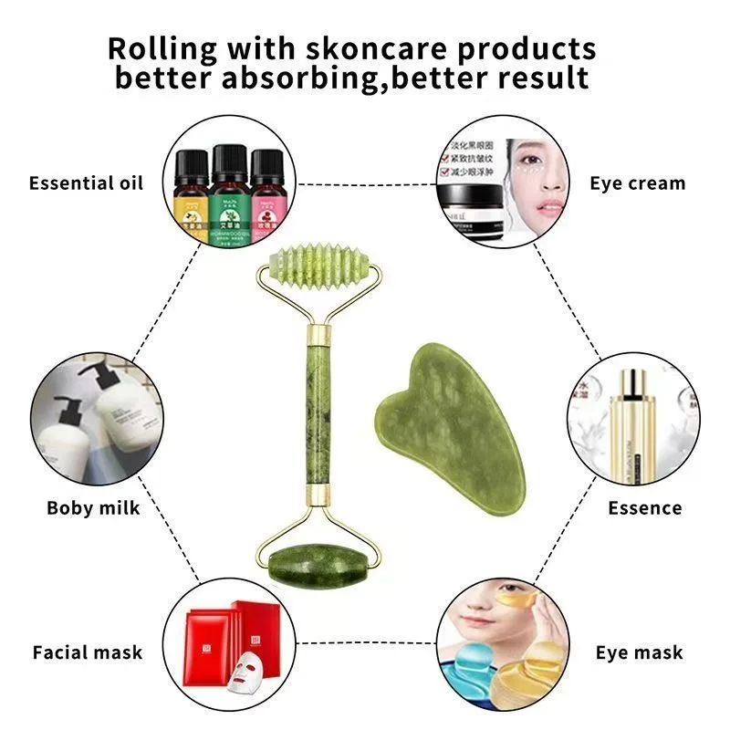 Jade Roller Gua Sha Facial Toolsl Anti-Aging Jade Beauty Huidverzorgingstool Gezichtsroller om de gezichtshuid te verjongen Koeling Afslanken