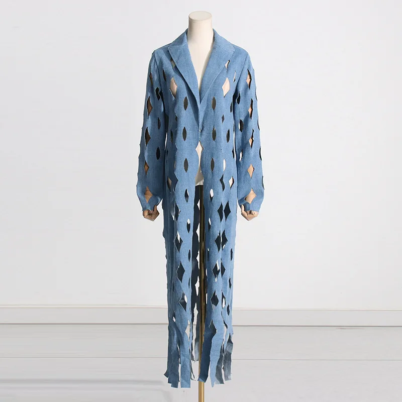 Kwtx feminino longo denim trench coat leve recorte franja minimalista elegante designer de luxo primavera verão 2025 outwear