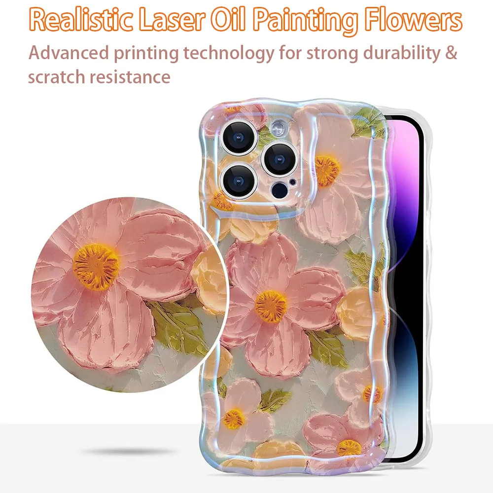 Stylish Phone Case For iPhone 11 12 13 14 15 16 Pro Max Retro Oil Painting Flower Glossy Cute Floral Wave Border Exquisite Cover