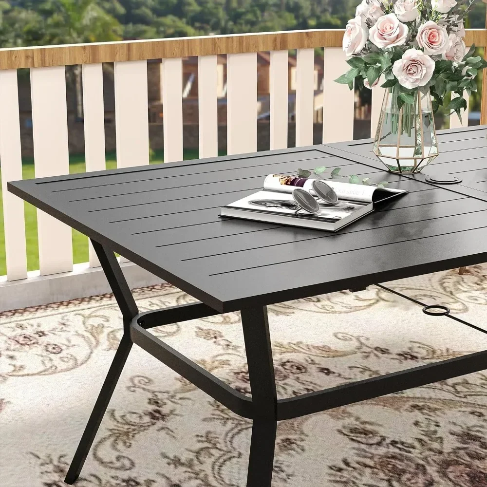 Mesa de comedor de 59 "para 6 personas, mesa de exterior con agujero para sombrilla, mesa de Patio de Metal para todo tipo de clima, mesa de jardín para césped, mesa negra