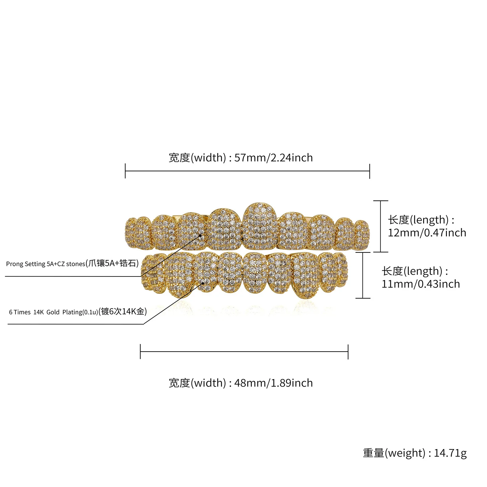 Hochwertige Luxus-Grillz mit 10 Ober- und 5 Unterzähnen, 5A CZ-Steinen, Punk-Rapper-Stil, 14K vergoldet, Zirkon-Zahnkappen, Mundschmuck – Detail 1