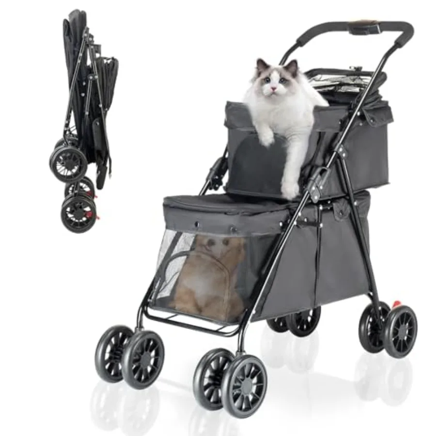 

Double pet stroller for medium and small dogs and cats, durable steel frame, black, lightweight one-hand foldable with dual car