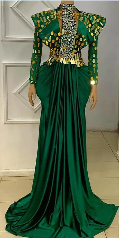 Emerald Green Mermai Prom Dresses High Neck Long Sleeve Velvet Mirror Crystal African Aso Ebi Evening Gown Vestidos de gala