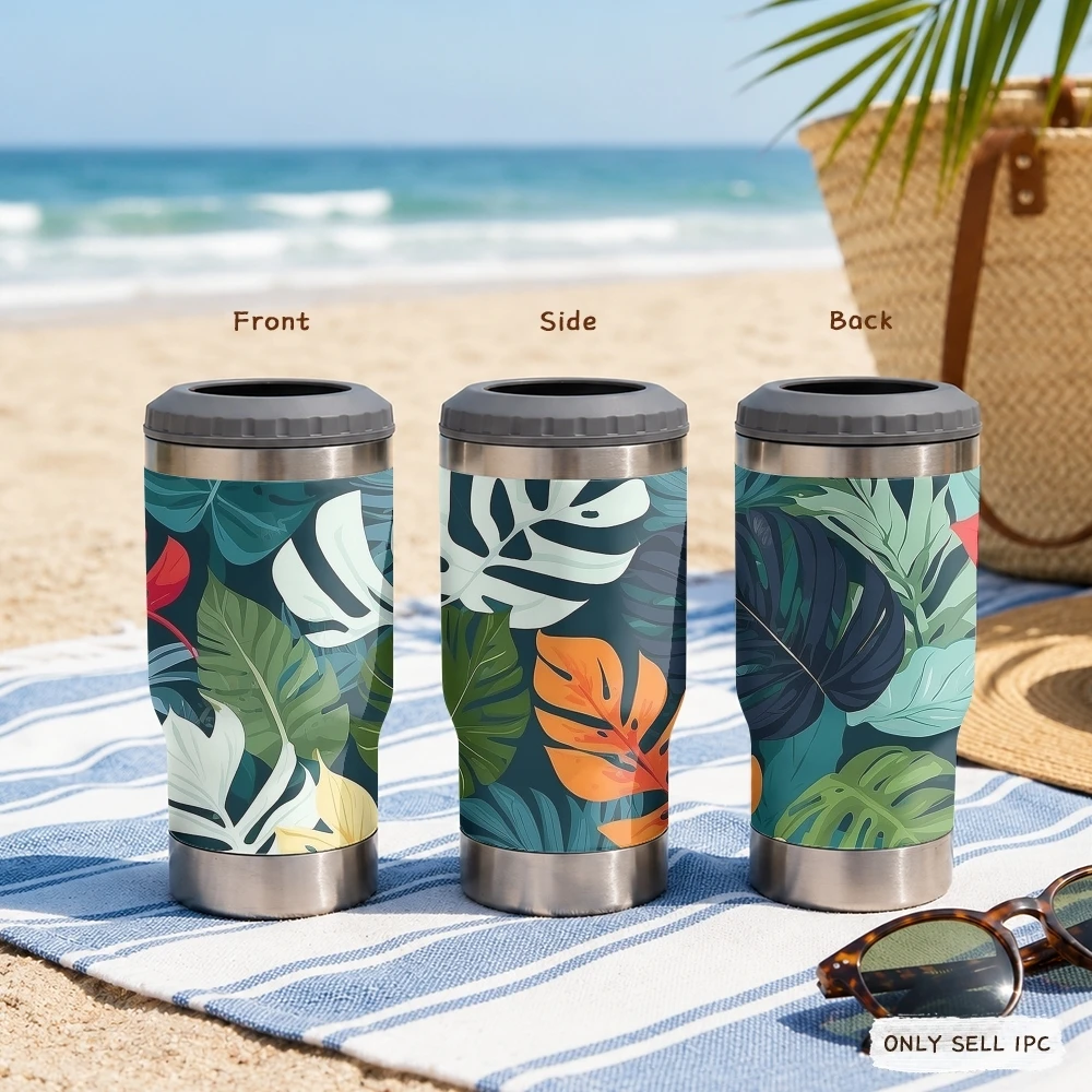 Tropic Leaves Pattern Vacuum Flasks Insulated Can Vacuum Beer Bottle Holder Slim Can Coozie Stainless Steel Cold Keeper