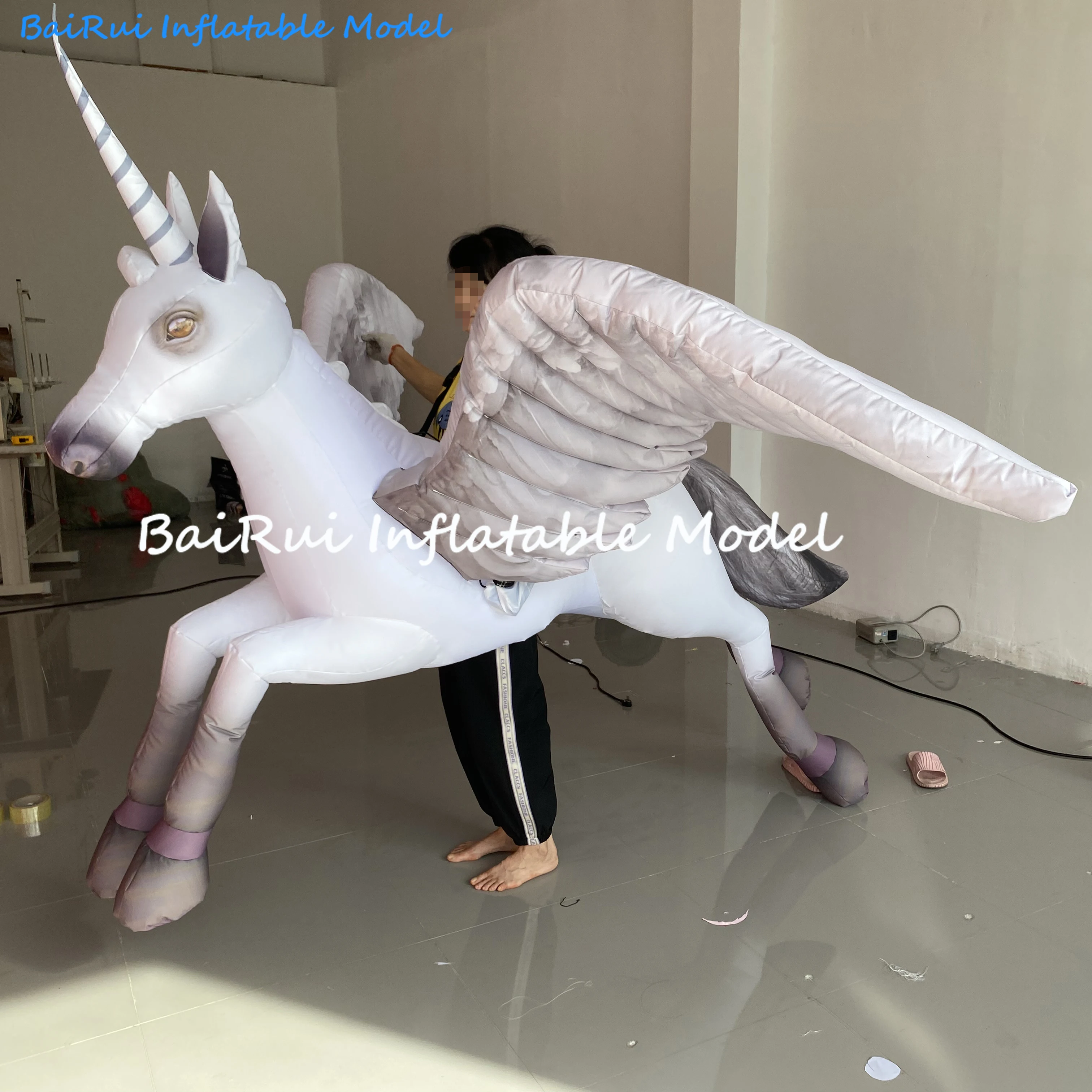 Giant Inflatable Unicorn Costume with White LED Light Air Blow Horse Animal Mascot Carnival Parade Performance Props