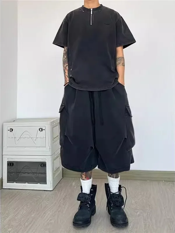 

Мужские летние модные свободные брюки карго больших размеров (300 фунтов), широкие, прямые, с высокой талией, длиной до колена