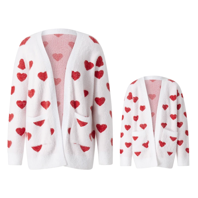 Mother and Daughter Cardigan Tops, Family Matching Long Sleeve Open Front Heart Sweater Coat with Pockets