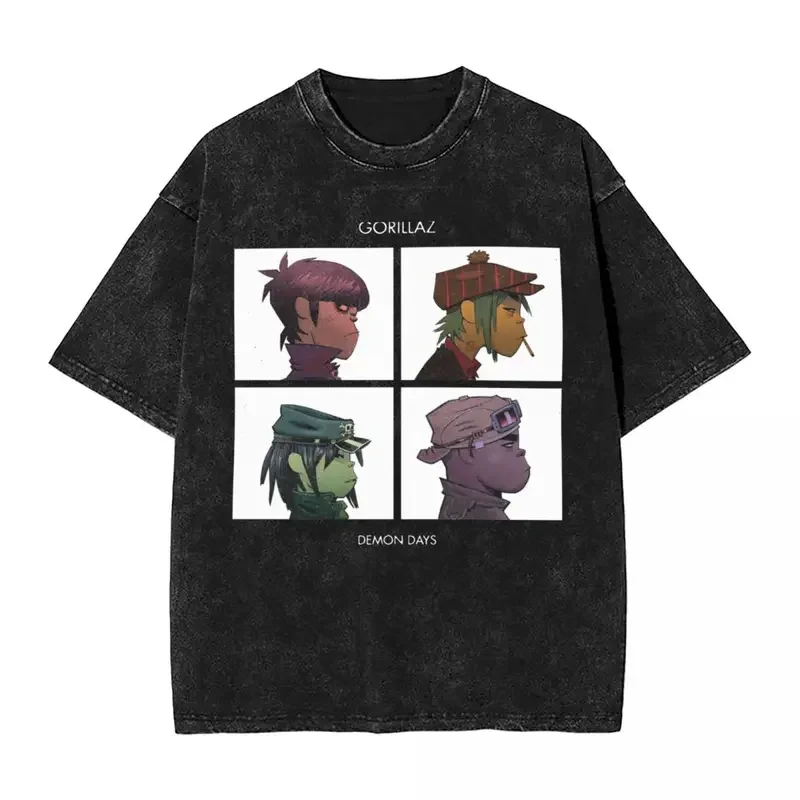 Washed T Shirt Music Band Gorillaz Demon Days Hip Hop Vintage T-Shirt Oversize Streetwear Graphic Tops Tees for Men Women