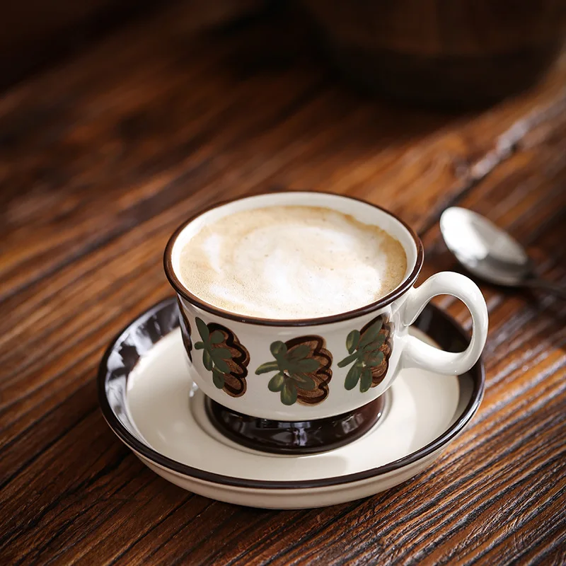 AhunderJiaz-Vintage Brown Flower Coffee Cup and Saucer, Hand-painted Ceramic Mug, Kitchen Drinkware Set