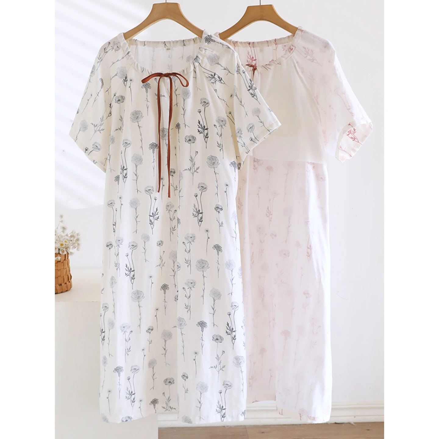 1-Piece Women‘s Nightgown, Casual Pullover Sleep Dress, Cotton Gauze with Built-in Bra, Short Sleeve & Midi Length Relaxed Fit,