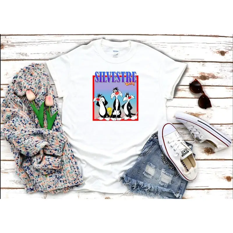 Personagem Silvestre Figura 3 4 Branco Preto Mulheres Camiseta H114
