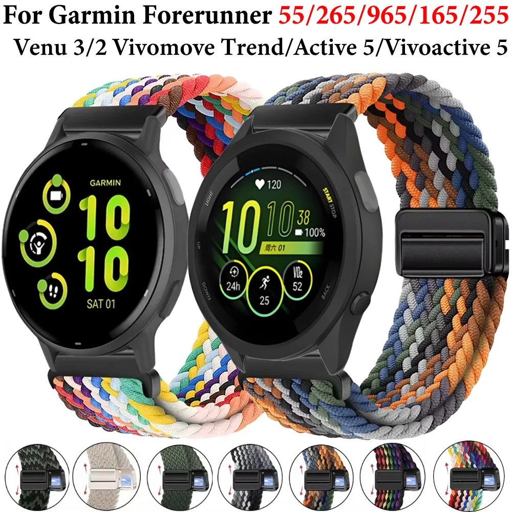 

20mm 22mm Nylon Strap for Garmin Garmin Forerunner 55 165 265 965 255 Active 5/Vivomove Trend/Venu 3/2 Magnetic Braided Bracelet
