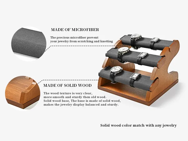 Oirlv Holz-Uhrenständer Mikrofaser-Ring-Armband-Aufbewahrungshalter Schmuck-Organizer-Ständer Beige/Grau für die Aufbewahrung zu Hause – Detail 6