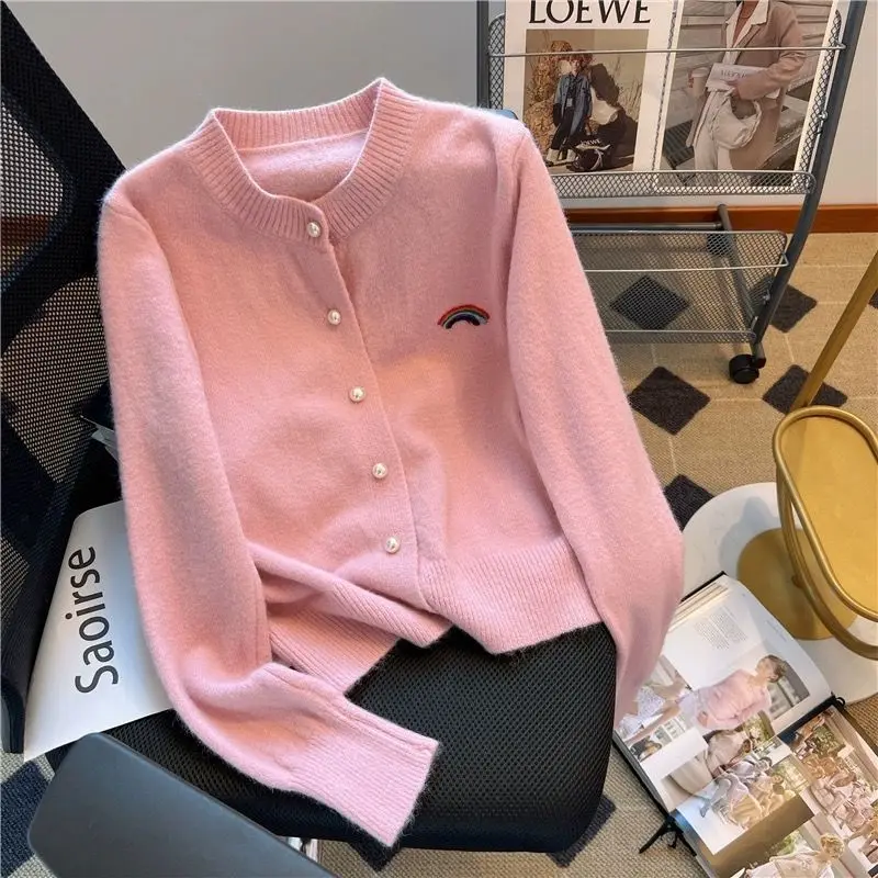 Simplicity Solid Color Embroidered Knitting Cardigan Coat Women Autumn Winter Loose O-neck Sweater Fashion All-match Knitwear