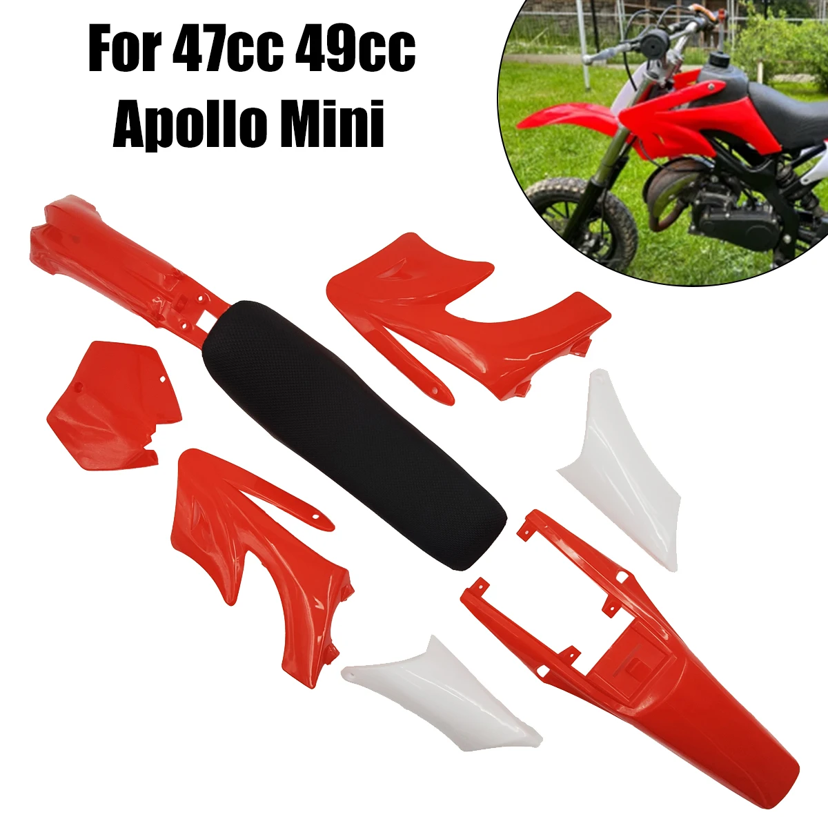 For 47cc 49cc Apollo Mini Dirt Bike 7 Colors Apollo Plastic Fairing Body Kits Front License Number Fender With Seat Cushion