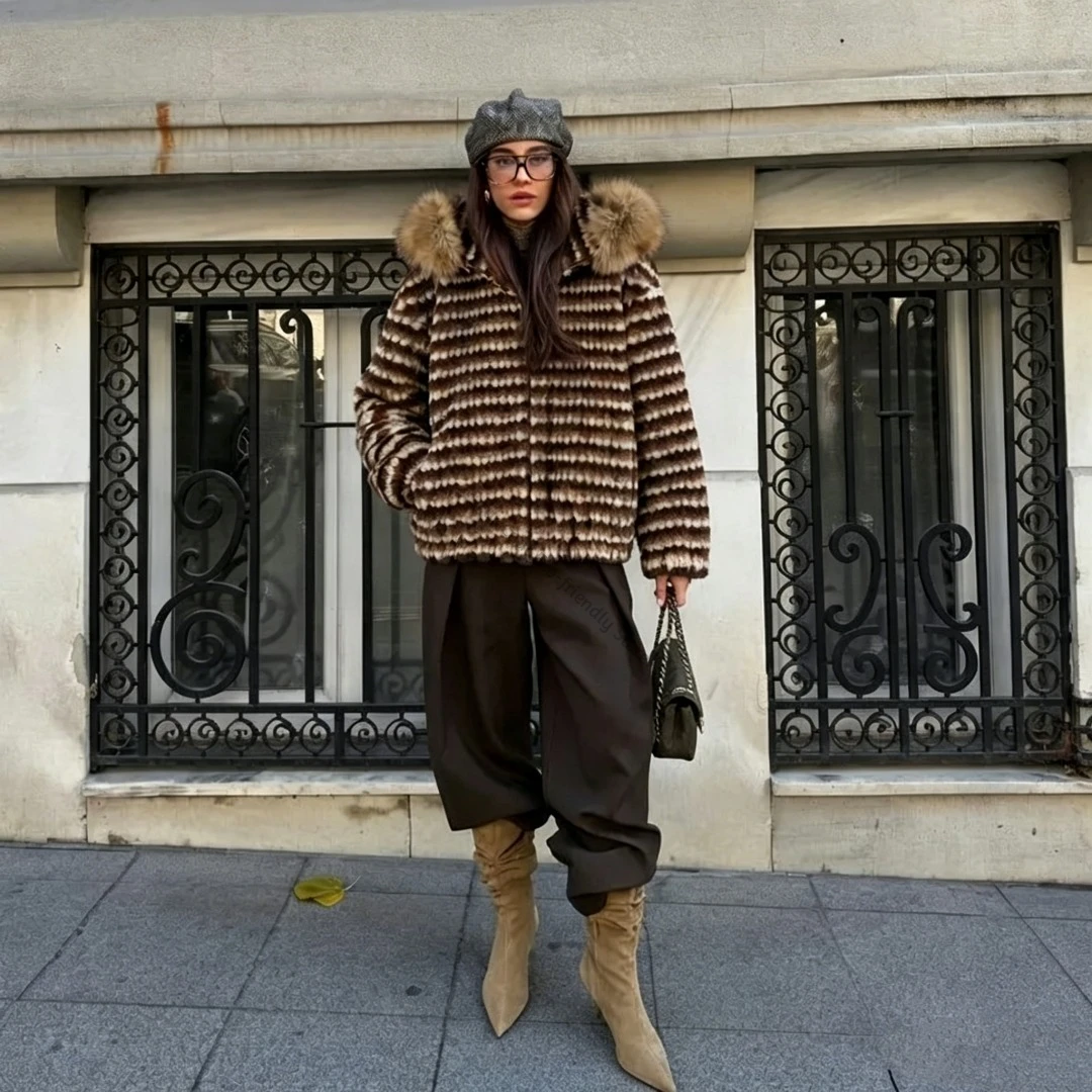 Fur Coats Winter Hooded Striped Teddy Fur Coat Women Brand Street Fashion Girls Oversized Faux Lamb Fur Jacket Warm Overcoat