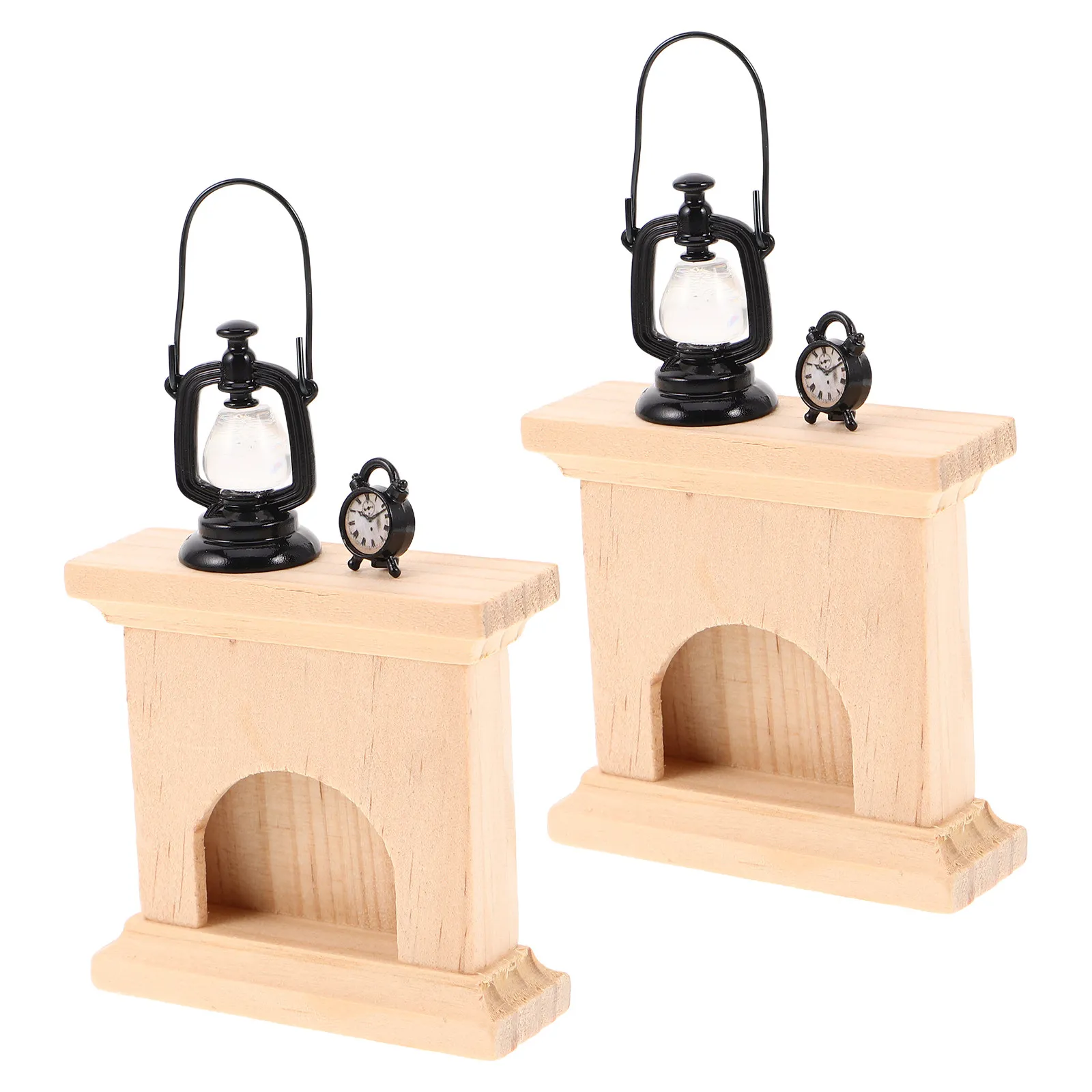 2 juegos de chimeneas de madera en miniatura, lámpara de aceite de estilo retro, reloj, decoración para chimenea, set de juegos de simulación navideña, accesorios para un mundo en miniatura.