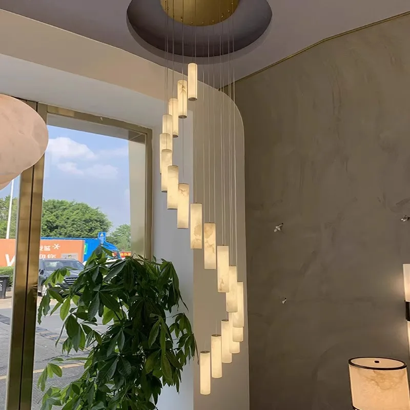 

Scandinavian LED Living Room Full Copper Marble Chandelier for Bar, Dining Room, Staircase Lamp, Height Adjustable