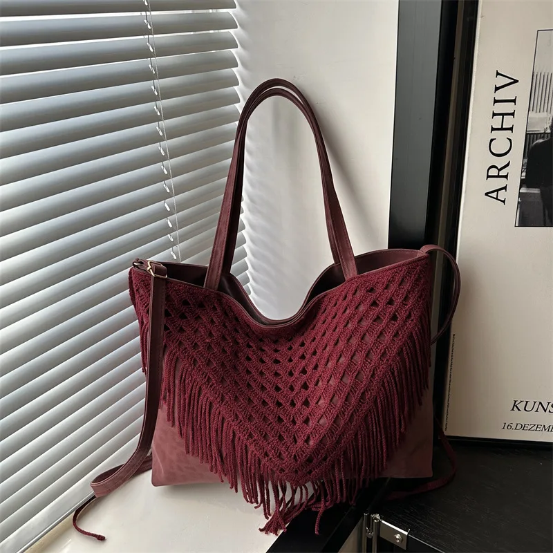 Nuevo Bolso de Hombro Tejido de Gran Capacidad con Diseño Calado 2026, Personalizado para Vacaciones en la Playa, Moda Veraniega, Bolsos de Mujer