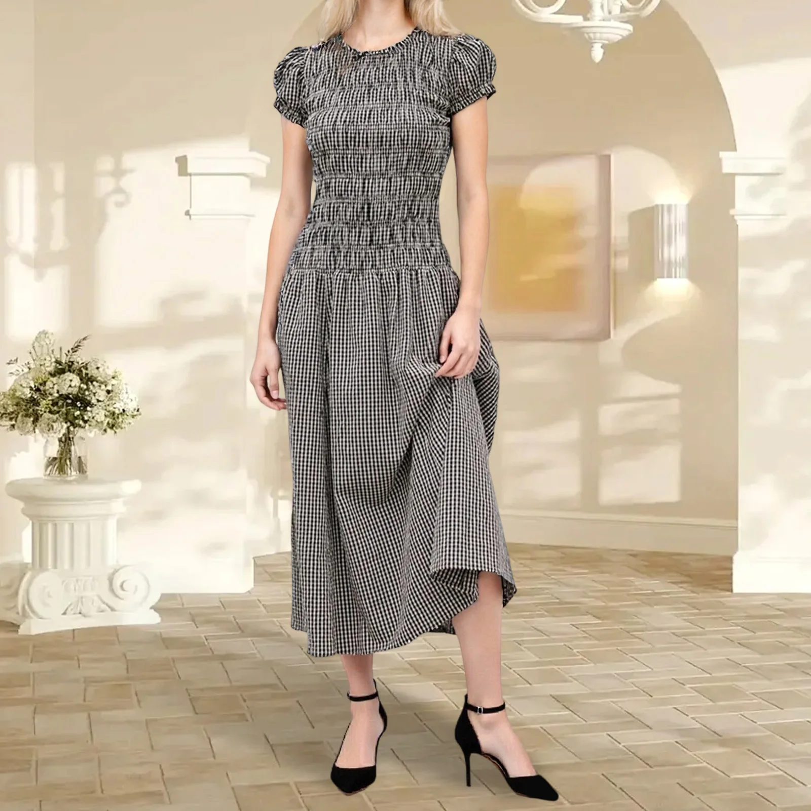 Robe longue à imprimé vichy pour femmes, manches courtes, col rond, smockée, mi-longue, printemps-été