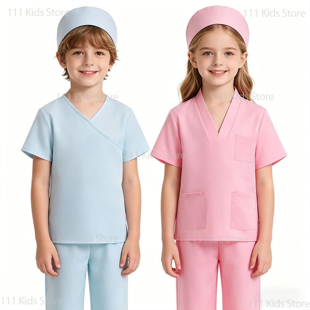 Children's Doctor Nurse Role Simulation Uniform Halloween Cosplay Costumes Short Sleeved Sets Top+Pants+Hat Summer 3 Piece Sets