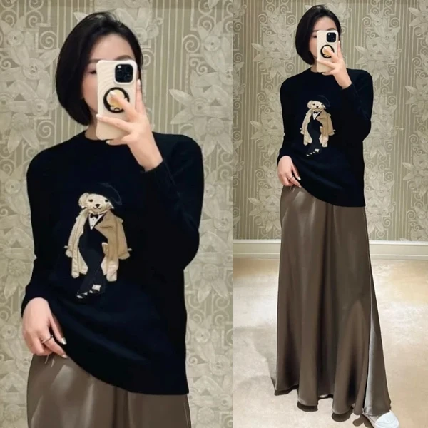 

Autumn Winter Briti Sle Camere Wool Knitted Long Sve Loose Fit round Ne Sweater Women's Faion Commute ...